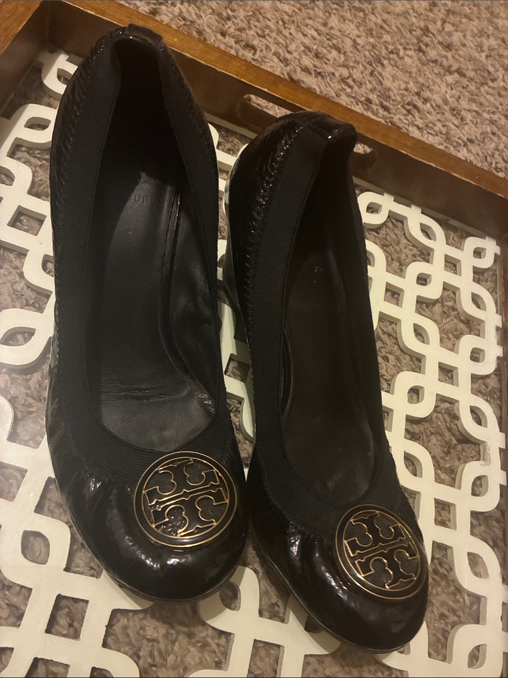 Tory Burch Black Patent Logo Round-Toe Flats